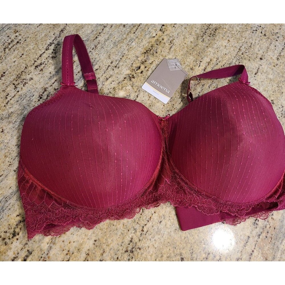 New! Amoena Womens 44DD Aurelie Wire-Free Lacey Bra #44283 Burgundy